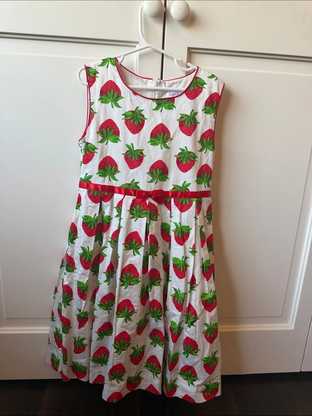 Rachel Riley White Dress with Red Strawberry Print and Green Leaves